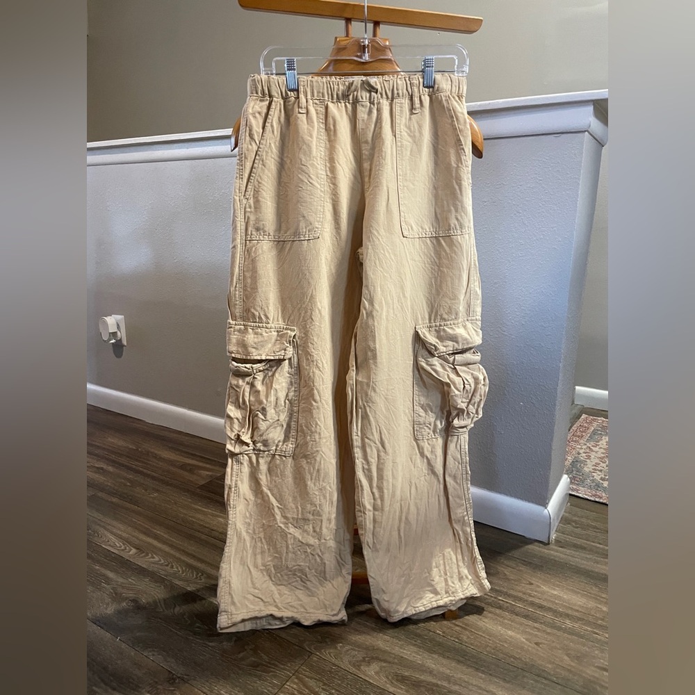 BDG Urban Outfitters Beige Cargo Pants S Wide Leg Y2K Utility 100% Linen - Picture 6 of 7